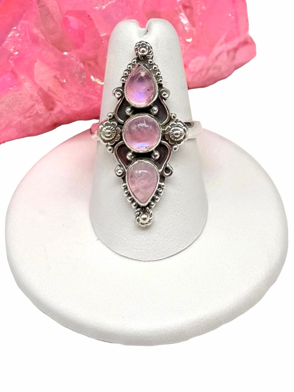 Pink Flash Rainbow Moonstone Ring Size 7.5 Solid 925 Sterling Silver